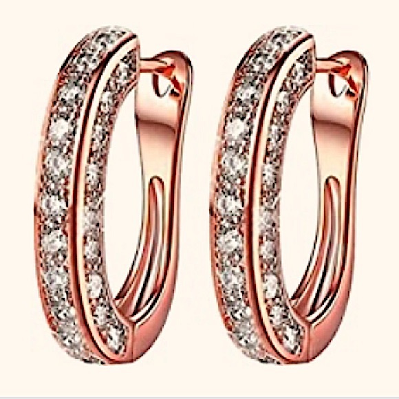 🆕 Three-sided Full Rhinestone Huggie Hoop Rose Gold Earrings - Picture 5 of 8